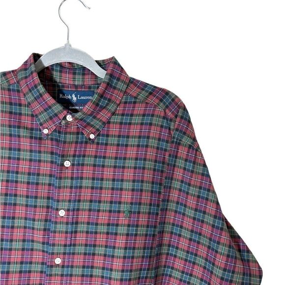 Ralph Lauren 100% Cotton Dress Red Green Shirt Size XL - Picture 3 of 6